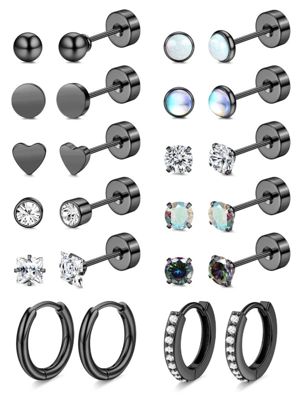 Hypoallergenic Surgical Steel Flat Back Stud Earrings Set for Sensitive Ears